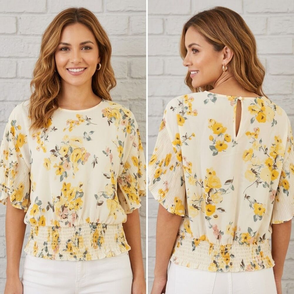 Lily White Cream Floral Pleated-Sleeve Blouse